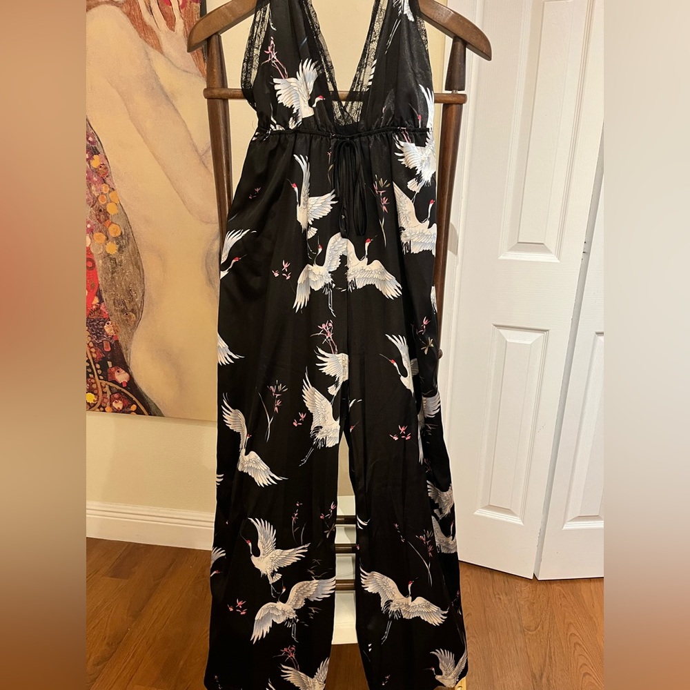 Elegant Black Crane Print Jumpsuit